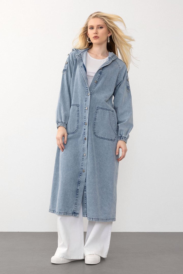 Kapüşonlu Düğme Detaylı Denim Kap MAVİ 6711