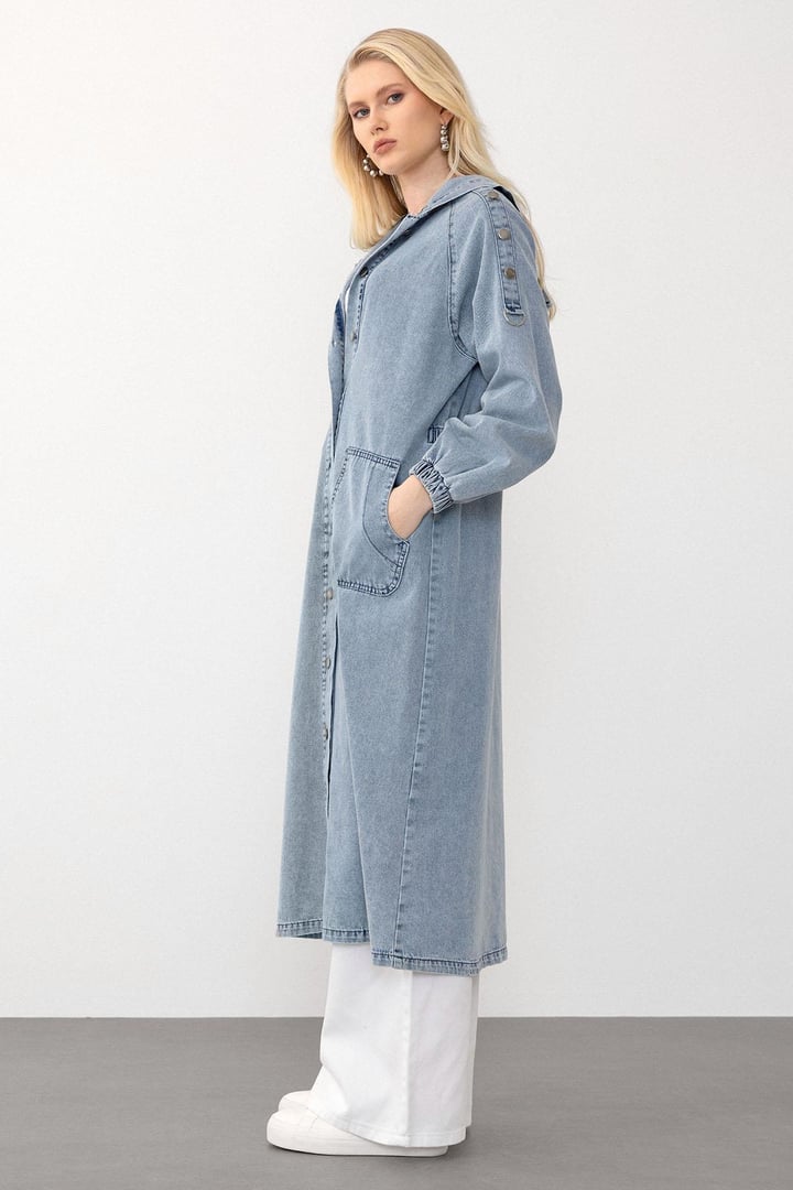 Kapüşonlu Düğme Detaylı Denim Kap MAVİ 6711