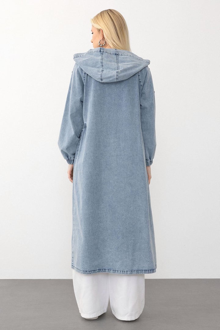 Kapüşonlu Düğme Detaylı Denim Kap MAVİ 6711