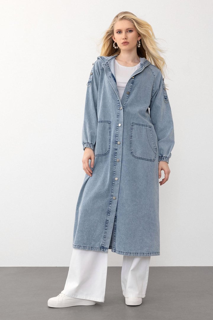 Kapüşonlu Düğme Detaylı Denim Kap MAVİ 6711