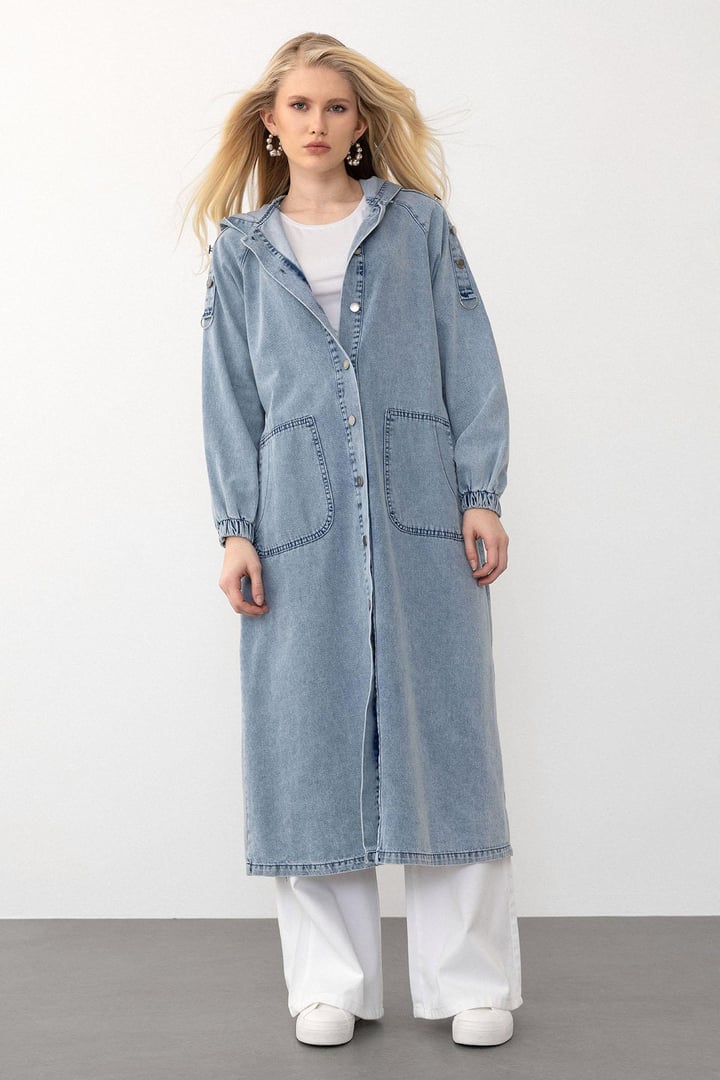 Kapüşonlu Düğme Detaylı Denim Kap MAVİ 6711