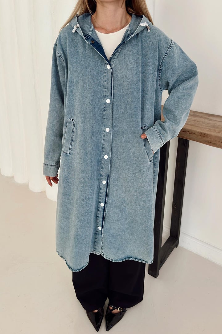 Kapüşonlu Düşük Kol Salaş Denim Kap MAVİ 6770
