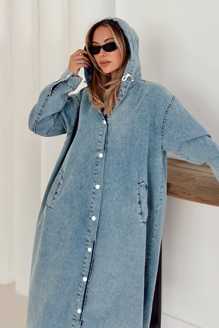 Kapüşonlu Düşük Kol Salaş Denim Kap MAVİ 6770