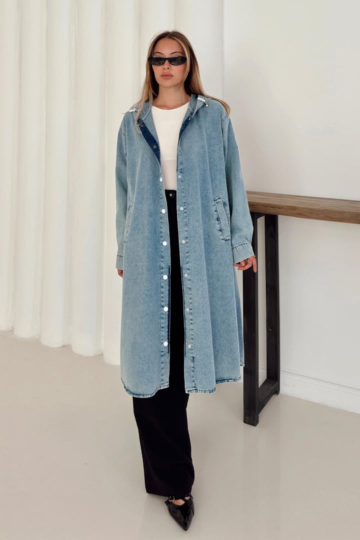 Kapüşonlu Düşük Kol Salaş Denim Kap MAVİ 6770