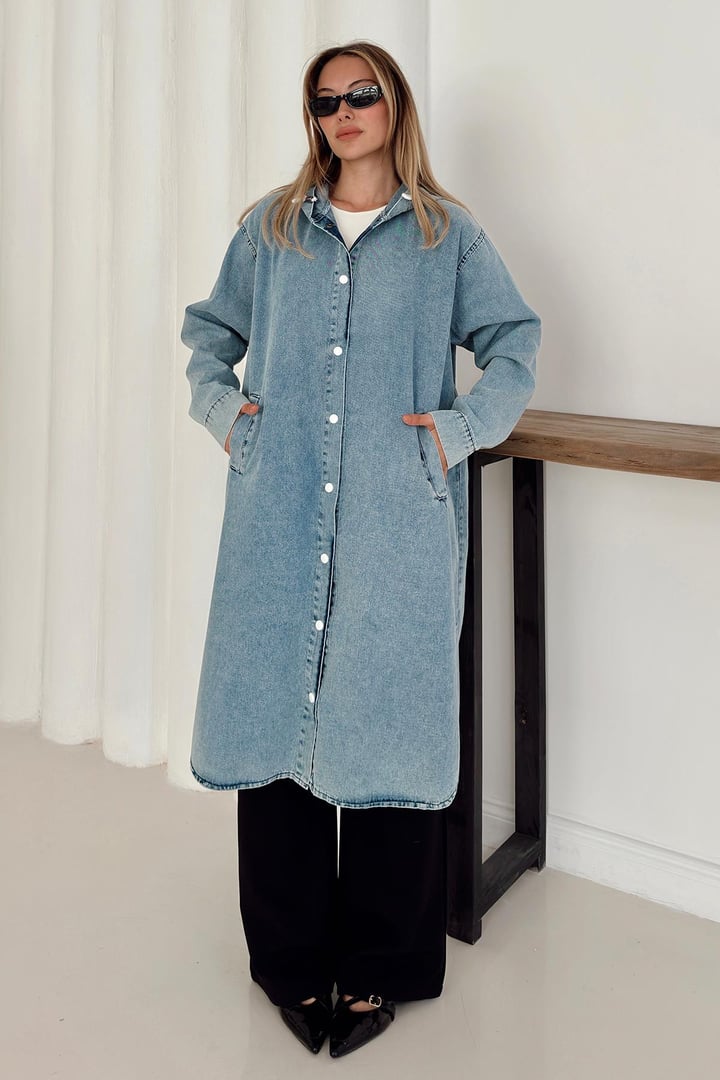 Kapüşonlu Düşük Kol Salaş Denim Kap MAVİ 6770