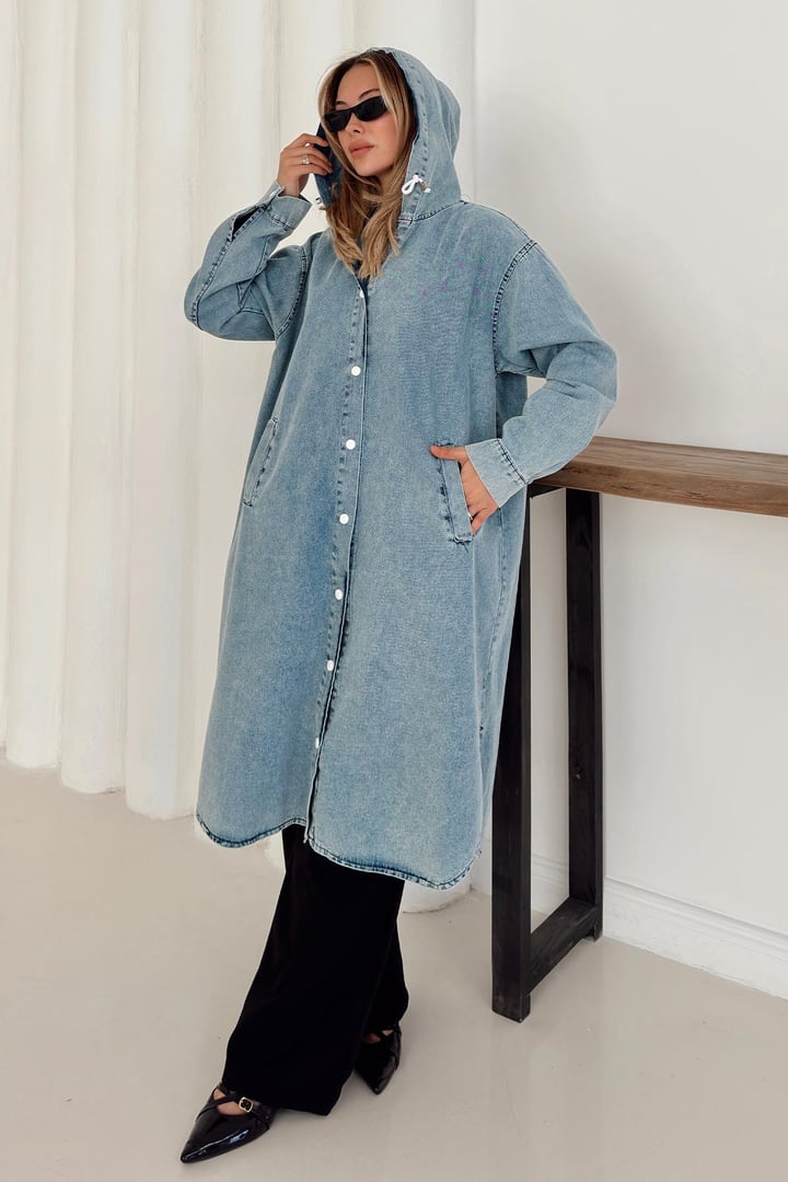 Kapüşonlu Düşük Kol Salaş Denim Kap MAVİ 6770