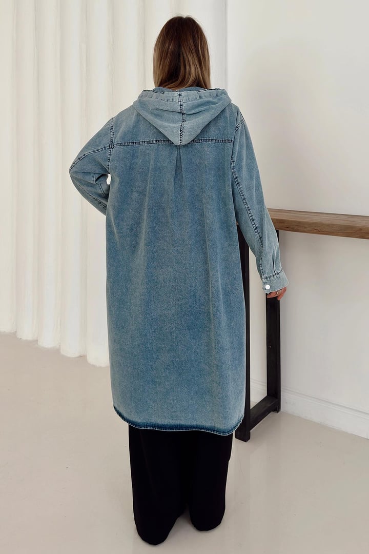 Kapüşonlu Düşük Kol Salaş Denim Kap MAVİ 6770