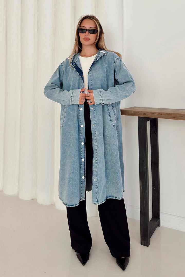Kapüşonlu Düşük Kol Salaş Denim Kap MAVİ 6770