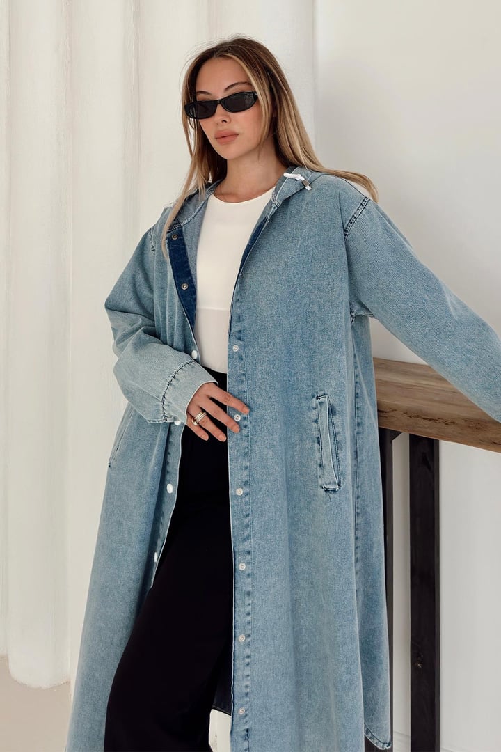 Kapüşonlu Düşük Kol Salaş Denim Kap MAVİ 6770