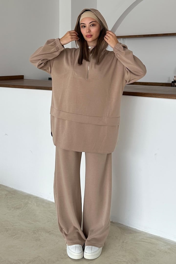 Kapüşonlu Fermuar Detaylı Premium Kumaş Sweat Pantolon Takım KAMEL 9373-TK