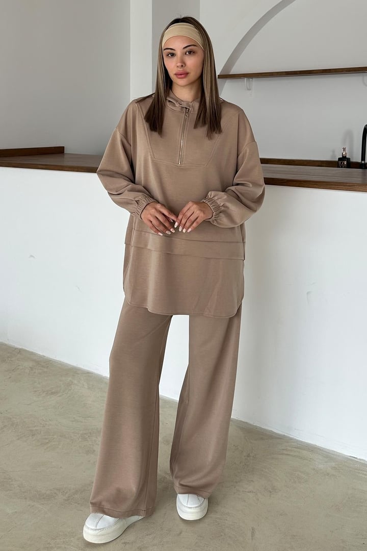 Kapüşonlu Fermuar Detaylı Premium Kumaş Sweat Pantolon Takım KAMEL 9373-TK
