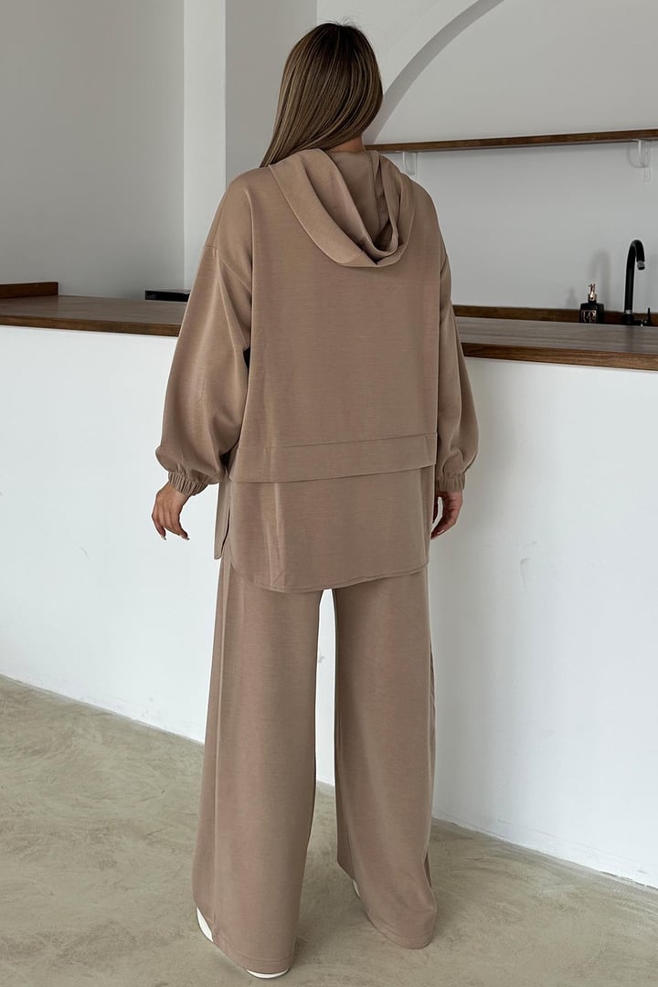 Kapüşonlu Fermuar Detaylı Premium Kumaş Sweat Pantolon Takım KAMEL 9373-TK
