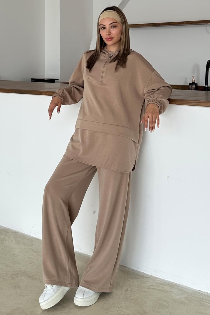 Kapüşonlu Fermuar Detaylı Premium Kumaş Sweat Pantolon Takım KAMEL 9373-TK