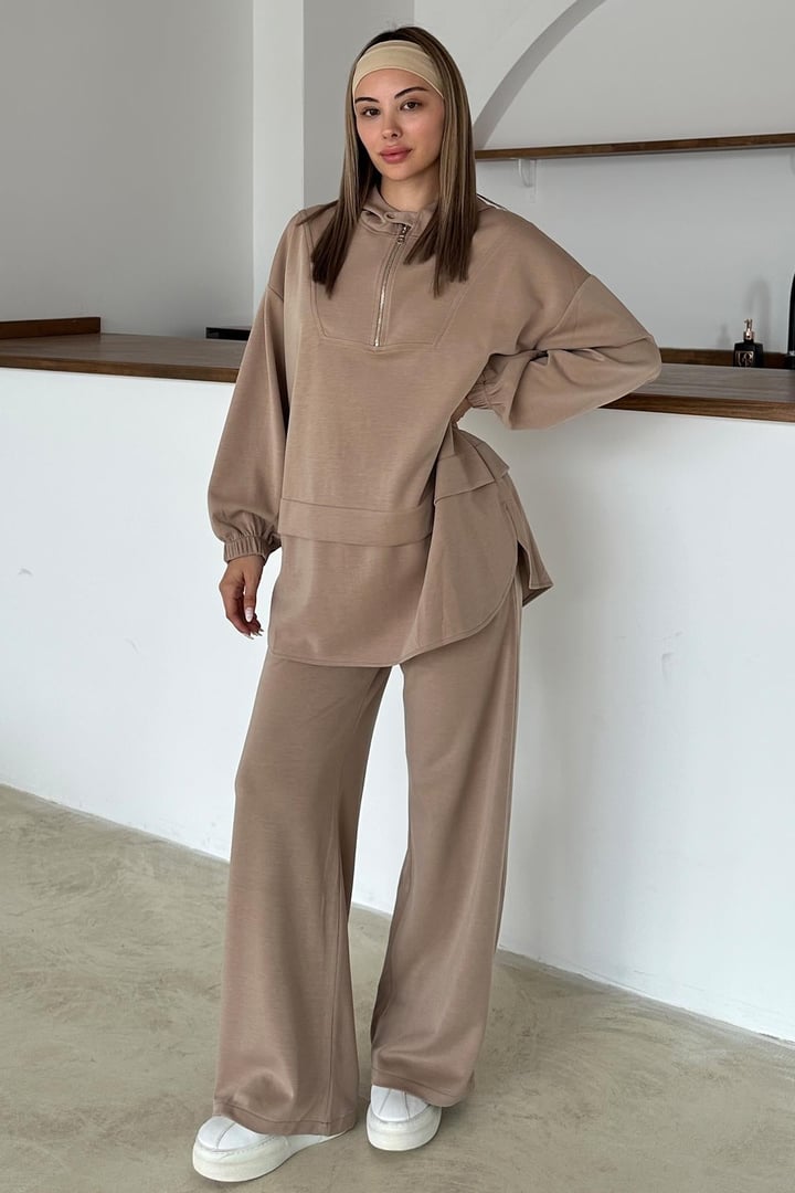 Kapüşonlu Fermuar Detaylı Premium Kumaş Sweat Pantolon Takım KAMEL 9373-TK