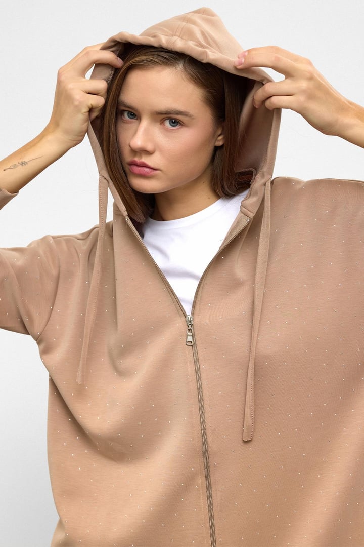 Kapüşonlu Fermuarlı Taş Bezeli Premium Kumaş Sweat Pantolon Takım KAMEL 9371-TK