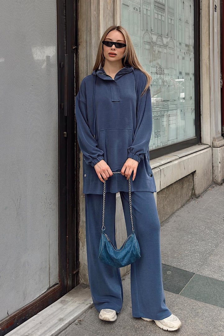 Kapüşonlu Premium Kumaş Sweat Pantolon Takım İNDİGO 7079-TK