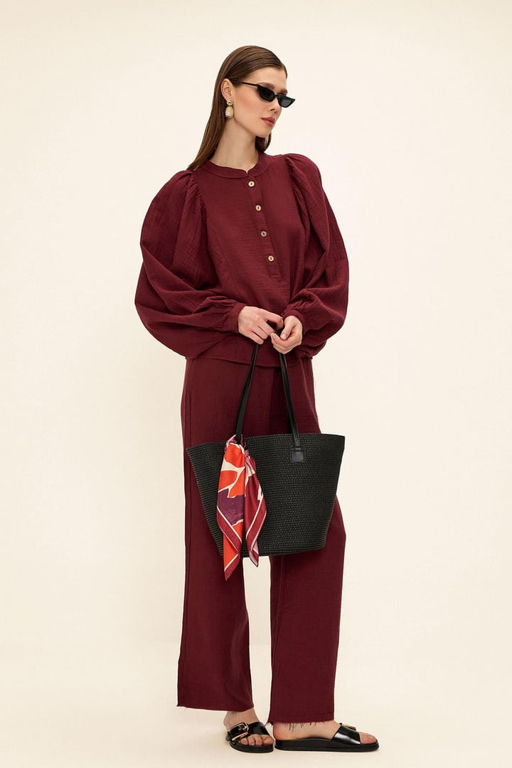 Kolu Büzgülü Bluz Pantolon Müslin Takım BORDO 9341-TK