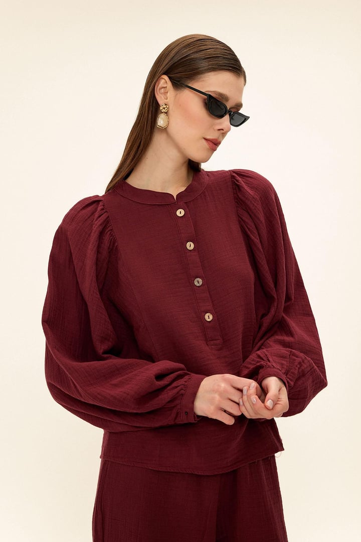Kolu Büzgülü Bluz Pantolon Müslin Takım BORDO 9341-TK