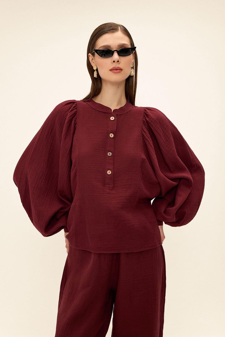Kolu Büzgülü Bluz Pantolon Müslin Takım BORDO 9341-TK
