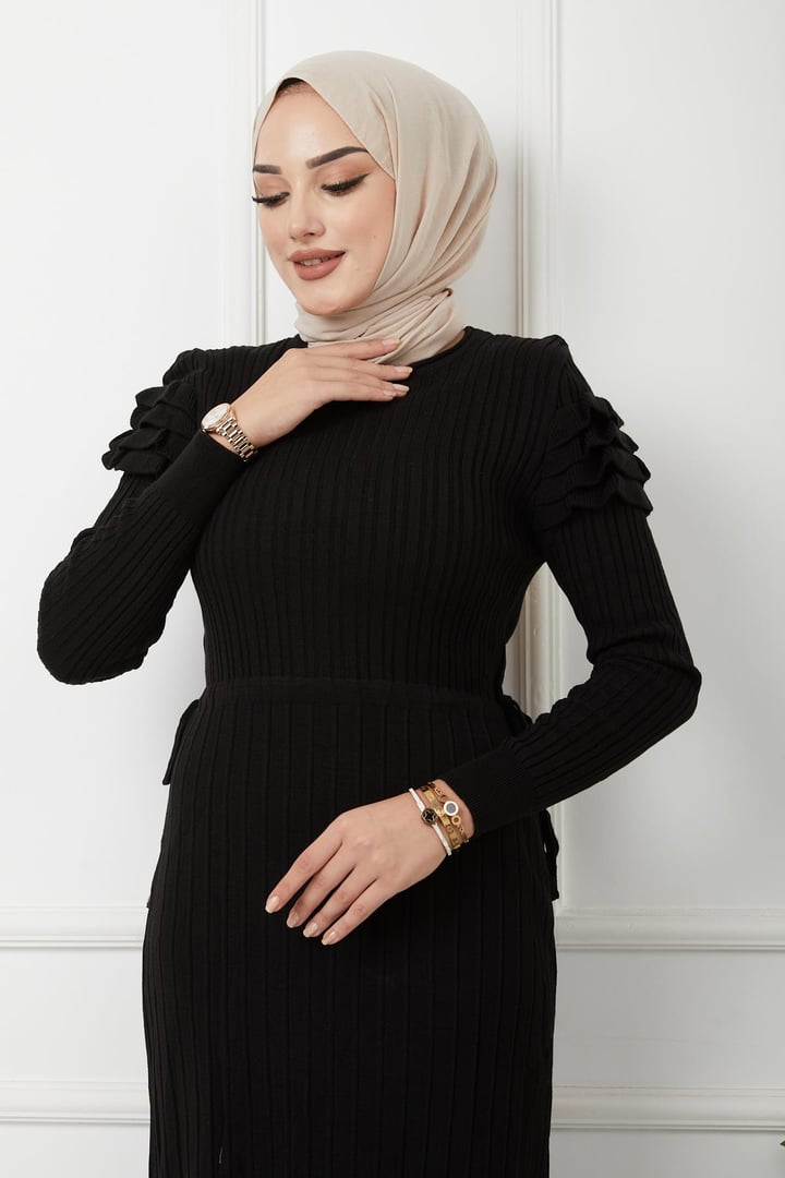 Kolu Fırfırlı Beli Büzgülü Triko Elbise SİYAH 9188-E