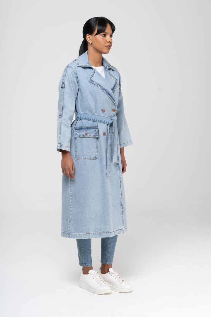 Kruvaze Apolet Detaylı Oversize Denim Trençkot MAVİ 6592