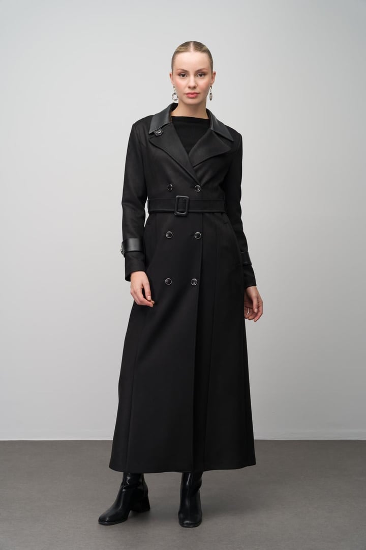 Double-breasted Leather Garnished Gabardine Suede-Look Topcoat BLACK 6647