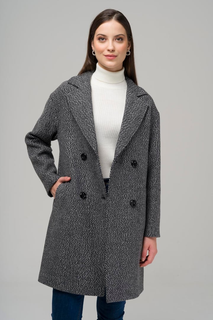 Kruvaze Oversize Balık Sırtı Kaban SİYAH 3949