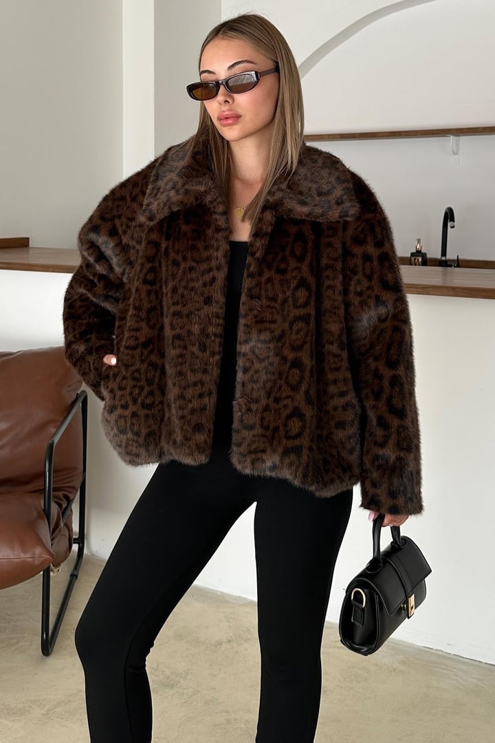 Leopar Desenli Oversize Suni Kürk Ceket KAHVE 1010