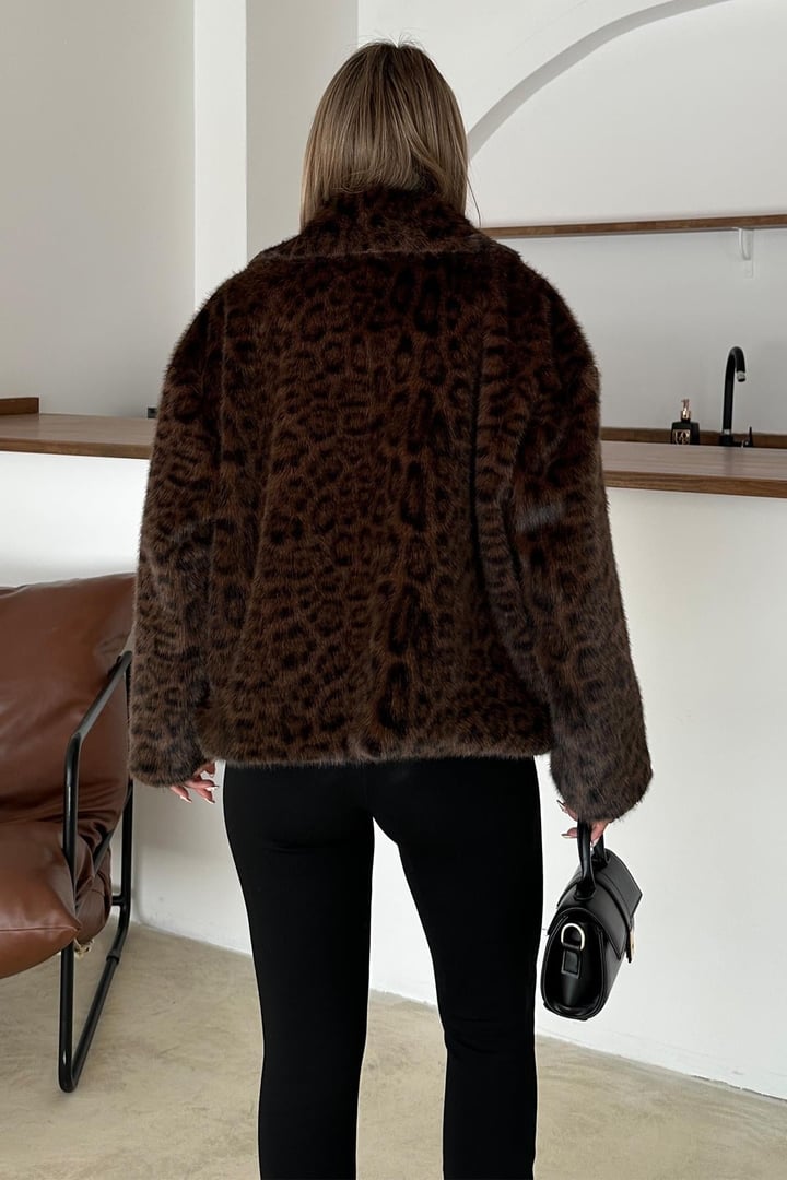 Leopar Desenli Oversize Suni Kürk Ceket KAHVE 1010