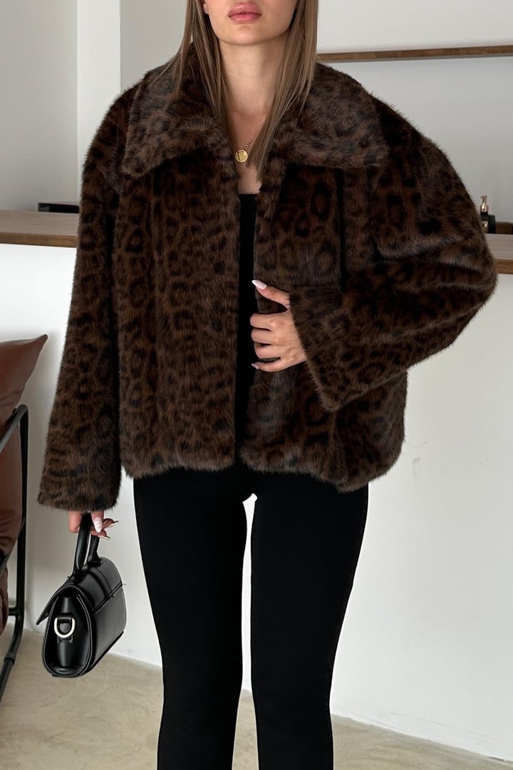 Leopar Desenli Oversize Suni Kürk Ceket KAHVE 1010