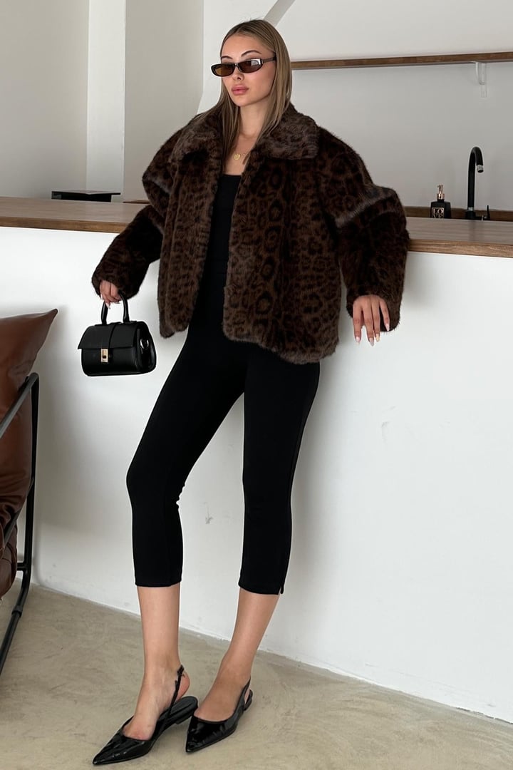 Leopar Desenli Oversize Suni Kürk Ceket KAHVE 1010