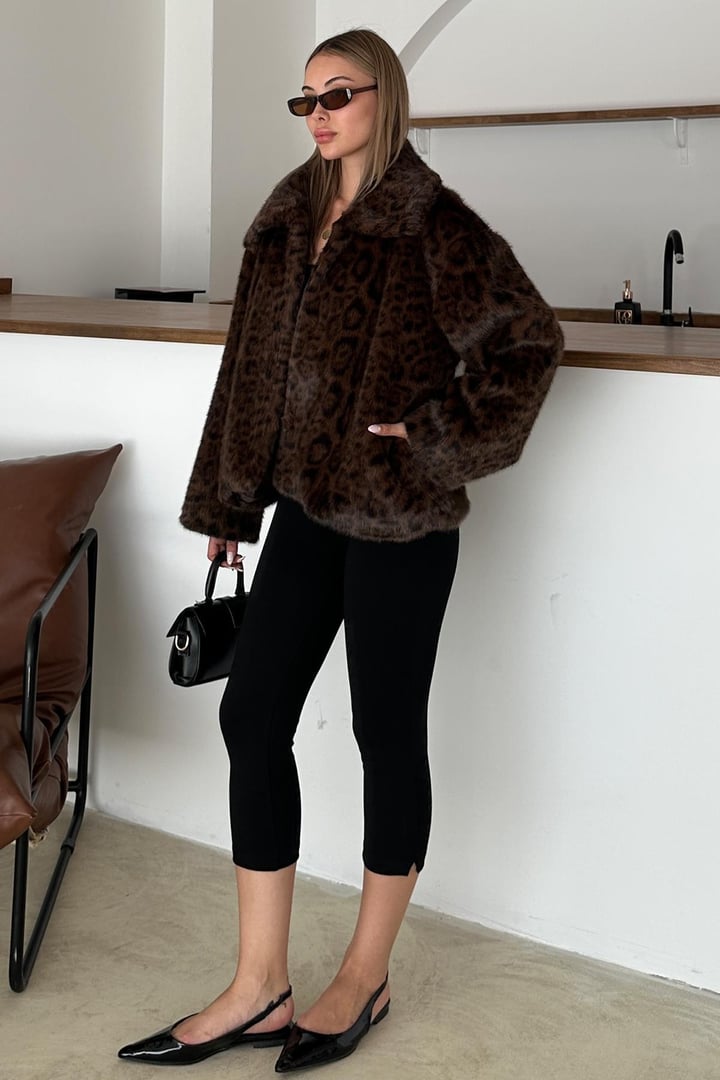 Leopar Desenli Oversize Suni Kürk Ceket KAHVE 1010