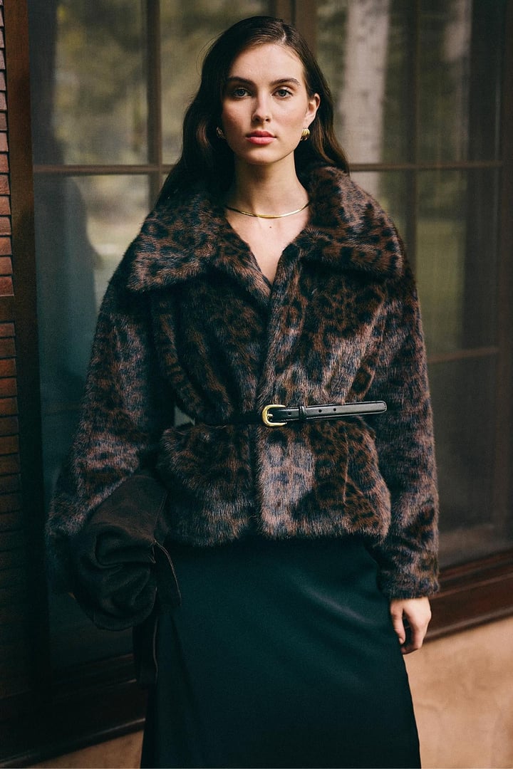 Leopar Desenli Oversize Suni Kürk Ceket KAHVE 1010