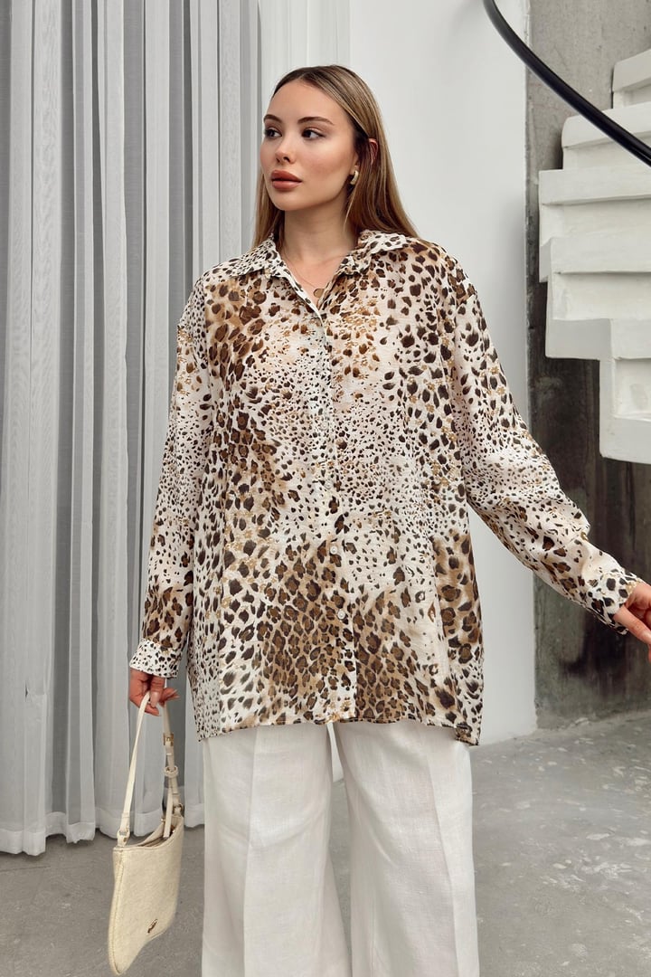 Leopar Desenli Salaş gömlek KAHVE 9321