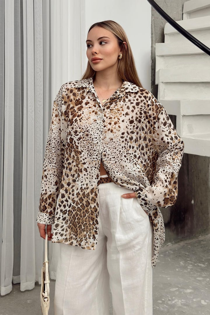 Leopar Desenli Salaş gömlek KAHVE 9321