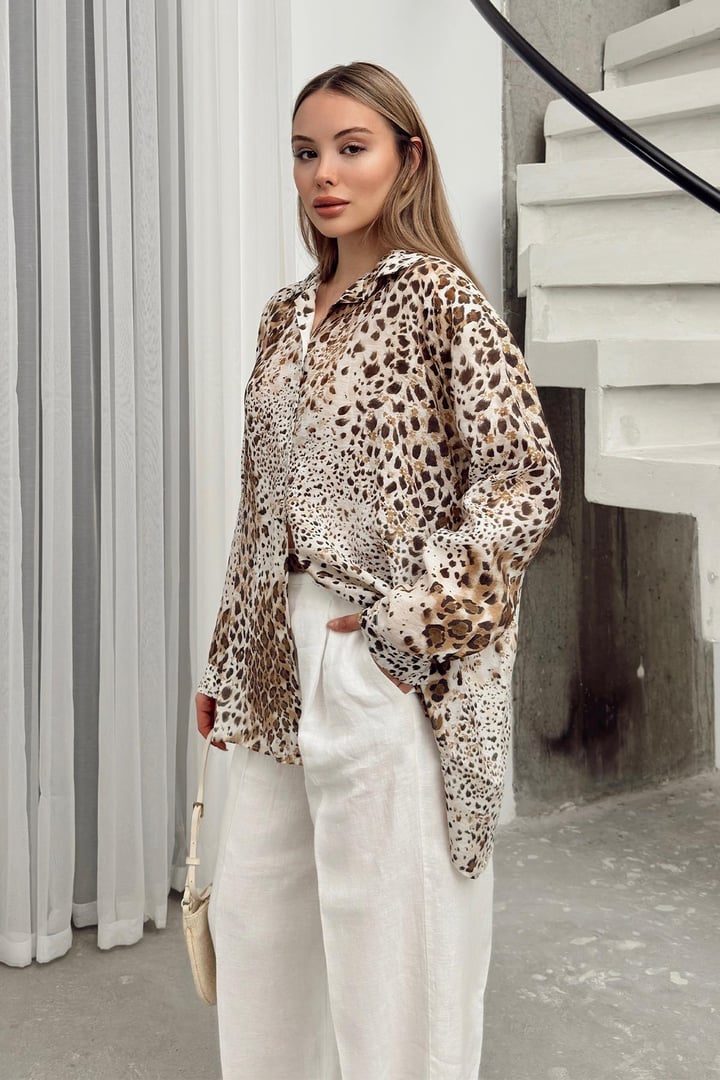 Leopar Desenli Salaş gömlek KAHVE 9321