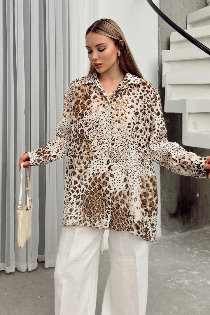 Leopar Desenli Salaş gömlek KAHVE 9321