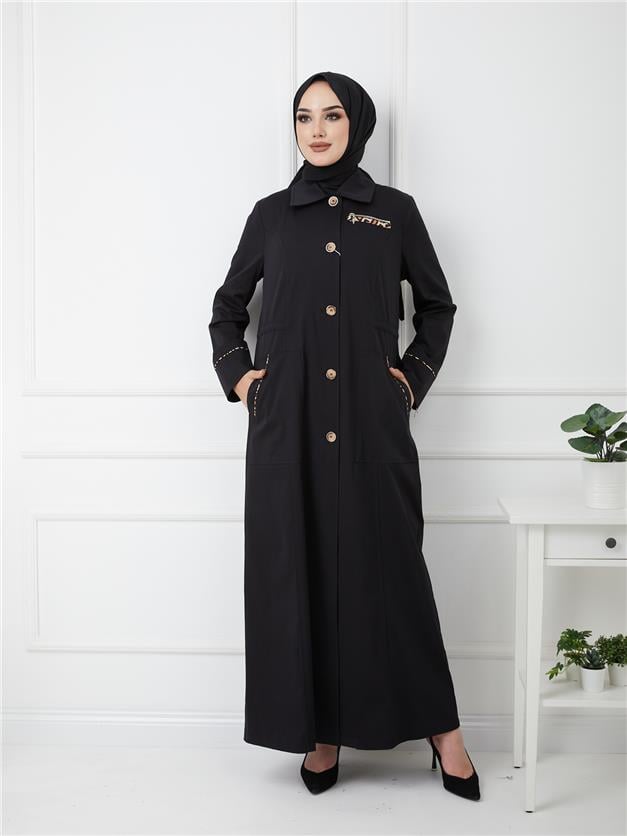 Leopar Detaylı Beli Büzgülü Astarsız Pamuklu Pardesü SİYAH 6185