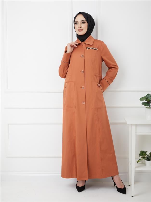 Leopar Detaylı Beli Büzgülü Astarsız Pamuklu Pardesü KİREMİT 6185