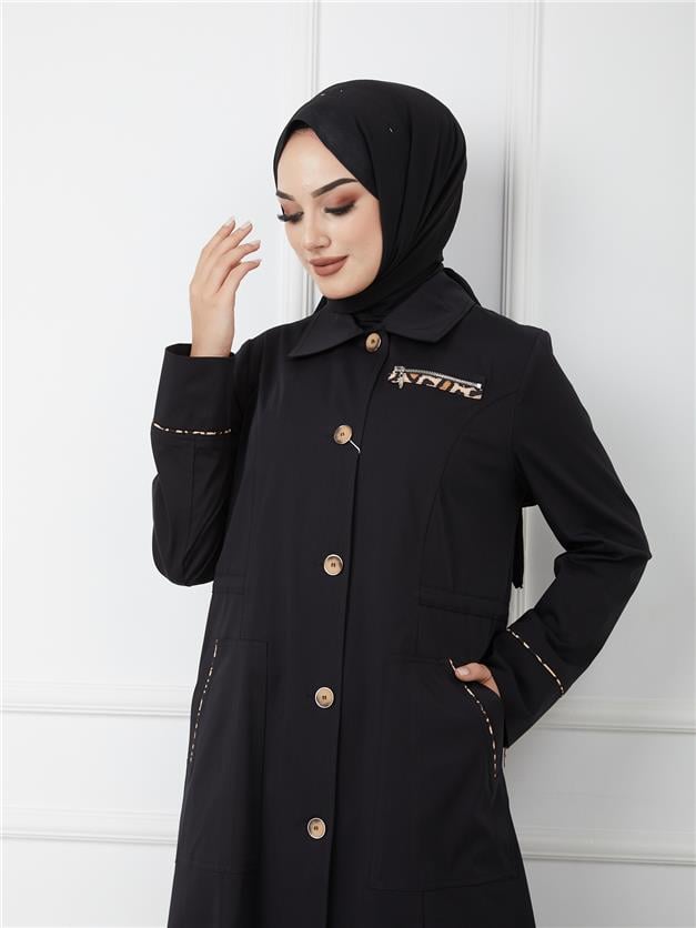 Leopar Detaylı Beli Büzgülü Astarsız Pamuklu Pardesü SİYAH 6185