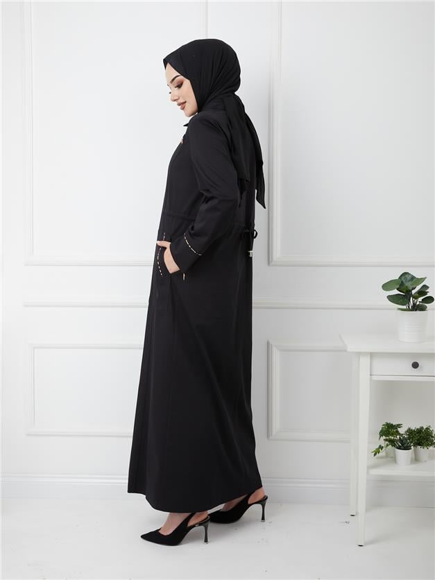 Leopar Detaylı Beli Büzgülü Astarsız Pamuklu Pardesü SİYAH 6185