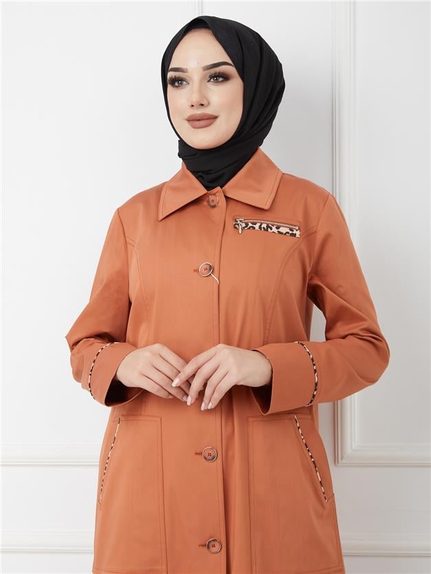 Leopar Detaylı Beli Büzgülü Astarsız Pamuklu Pardesü KİREMİT 6185