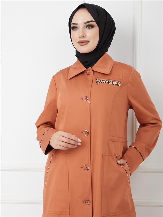 Leopar Detaylı Beli Büzgülü Astarsız Pamuklu Pardesü KİREMİT 6185