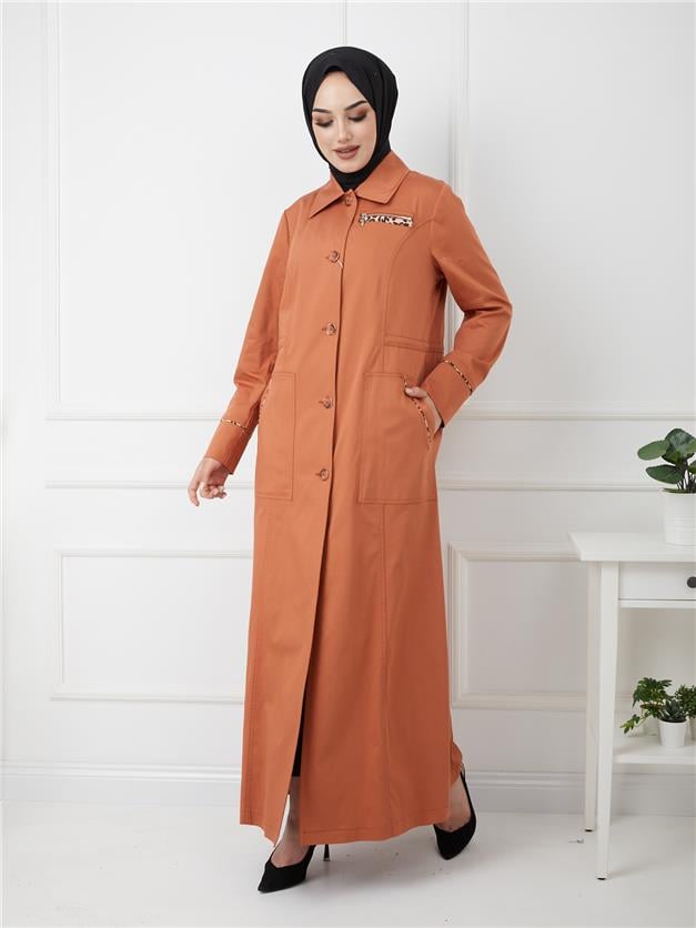 Leopar Detaylı Beli Büzgülü Astarsız Pamuklu Pardesü KİREMİT 6185