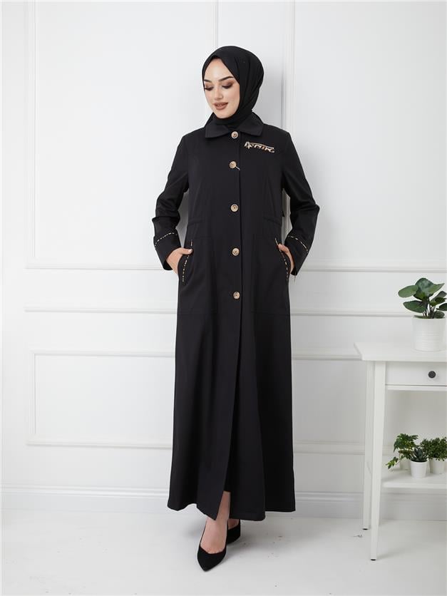 Leopar Detaylı Beli Büzgülü Astarsız Pamuklu Pardesü SİYAH 6185