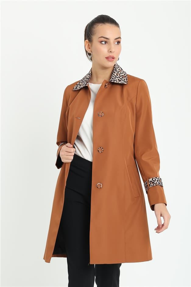Leopar Garnili Belden Kuşaklı Trençkot TABA 4253