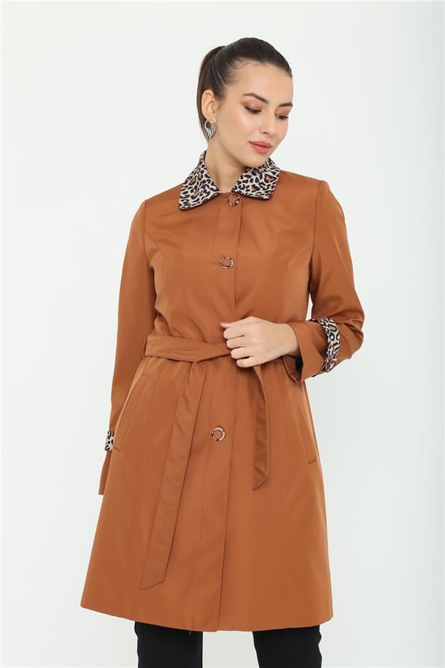 Leopar Garnili Belden Kuşaklı Trençkot TABA 4253