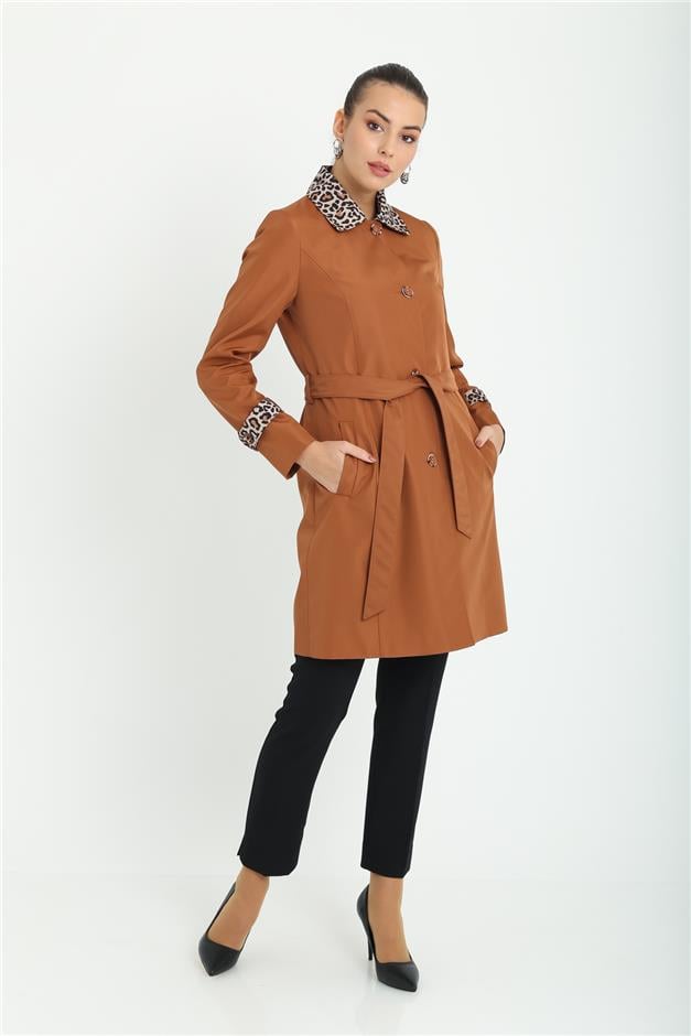 Leopar Garnili Belden Kuşaklı Trençkot TABA 4253