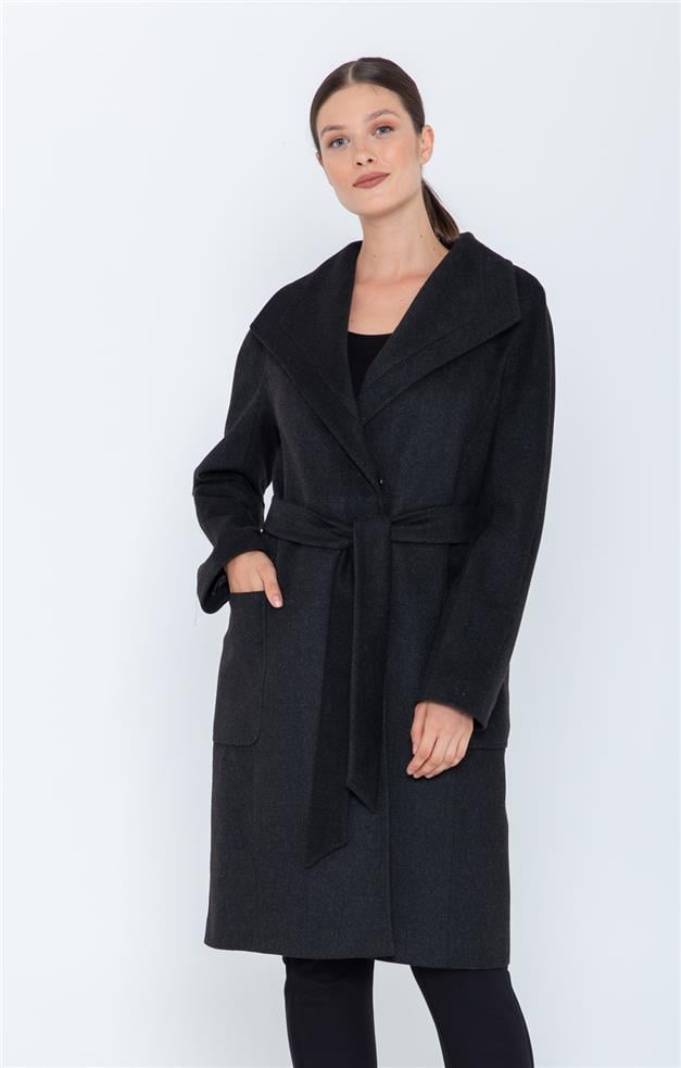 MENDİL YAKA OVERSIZE KAŞMİR KABAN ANTRASİT 3546-K