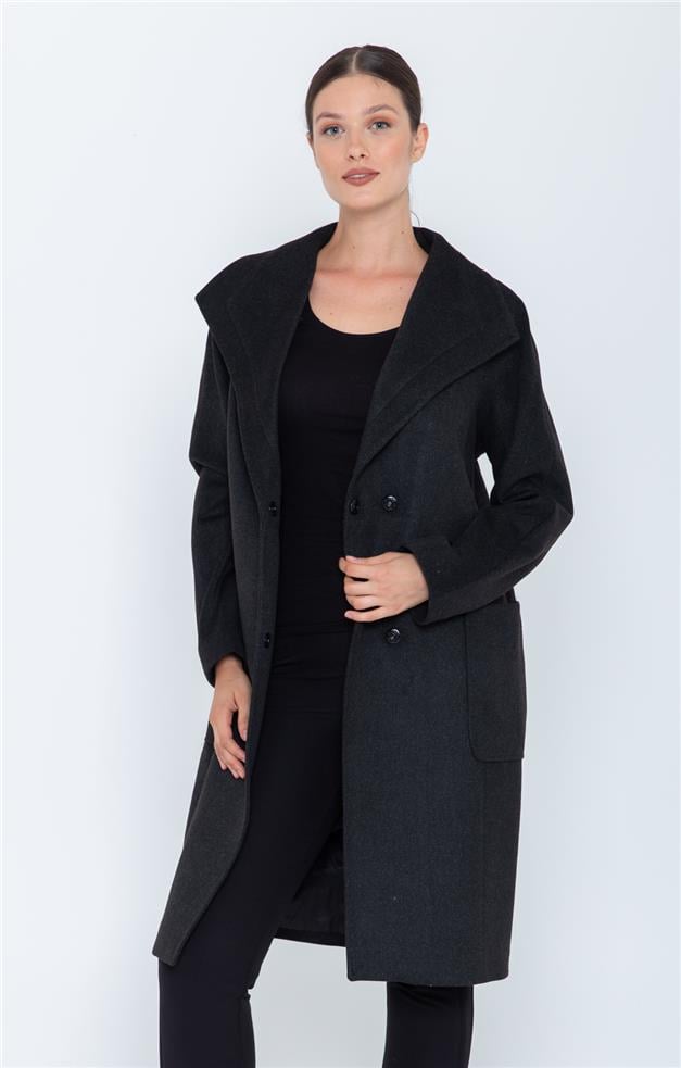 MENDİL YAKA OVERSIZE KAŞMİR KABAN ANTRASİT 3546-K